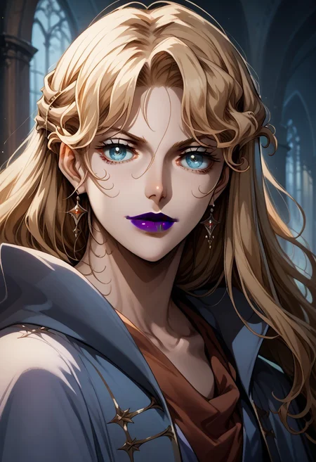 source_anime, (C4STL3V4NI4), ((score_9)),score_8_up,score_7_up,score_6_up,score_5_up,score_4_up,<lora:Castlevania_Style_Pony-v1:0.7>, Castlevania_Style, Castlevania Style, 1woman, brita_(darker_than_black), long_hair, blonde_hair, blue eyes, purple_lips, vampire,