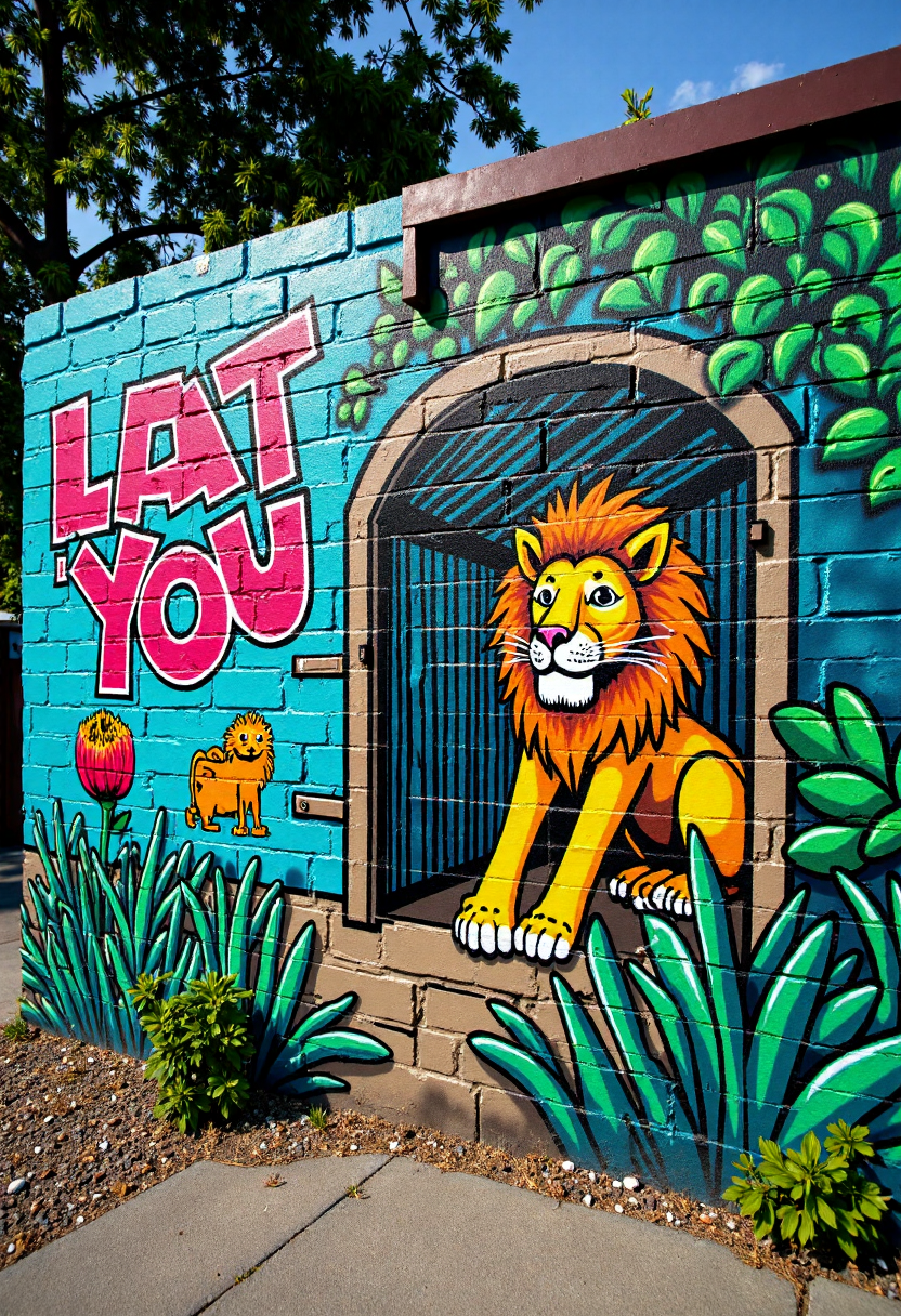 <lora:Brick_Wall_Graffiti_FLUX:1>
This photograph captures a vibrant, detailed mural on a wall, painted in a bold, cartoonish style. The mural features a stylized depiction of  a lion in a cage at the zoo