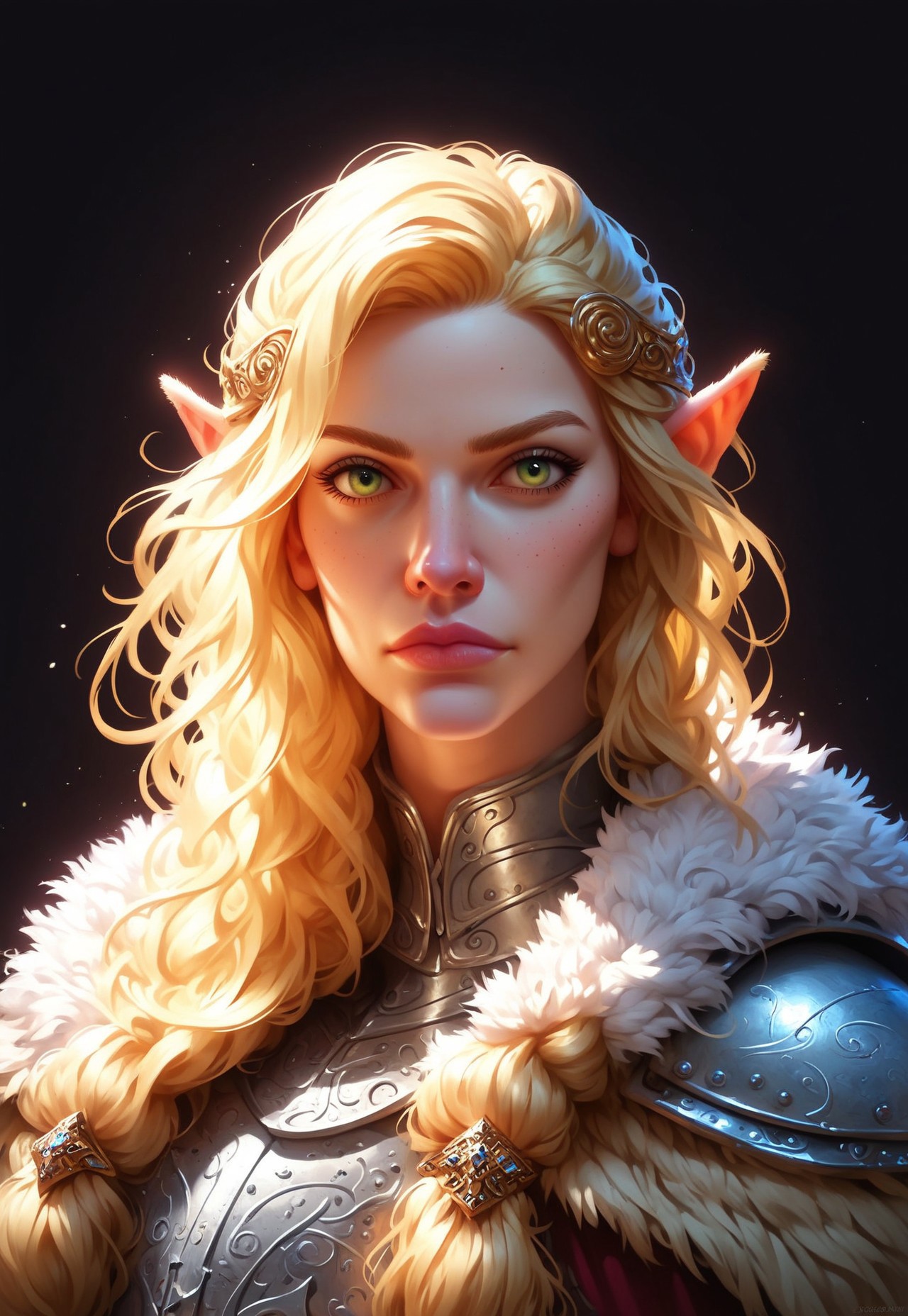 safe_pos, score_9, score_8_up, score_7_up, score_6_up, score_5_up, score_4_up, masterpiece, best quality, amazing quality, volumetric lighting, colorful, detailed, high quality, high contrast, vivid lighting, realistic,  

  woman, simple background, black background, princess, noble, yellow eyes, gorgeous, elf, fur outfit, (viking outfit), slavic outfit, pale skin, solo, (black and silver armour), elven ornaments, fur cloak, primeval jewelry, standing up straight, calm face, green eyes, golden hair, mature, closed mouth, cowboy shot