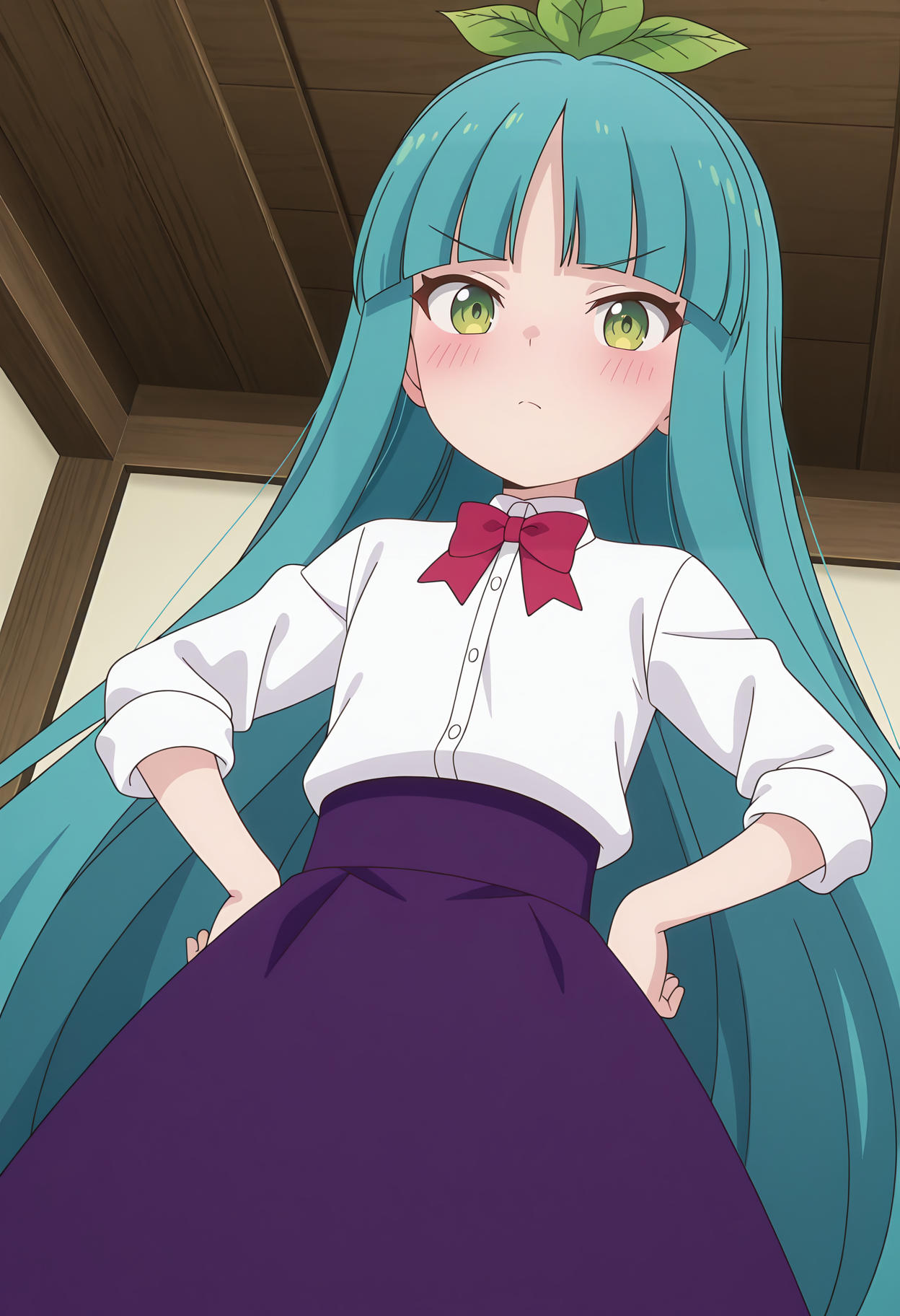 highres, best quality, masterpiece, indoors,
1girl, solo, sl300san, long hair, aqua hair, green eyes, leaf, blunt bangs, leaf hair ornament,
collared shirt, red bow, white shirt, blue skirt, purple skirt, long skirt,
anime screencap,
looking at viewer, blush,
hand on own hip, standing, from below,
dutch angle,
<lora:_sandra_slime300-elesico-ilxlD:1>