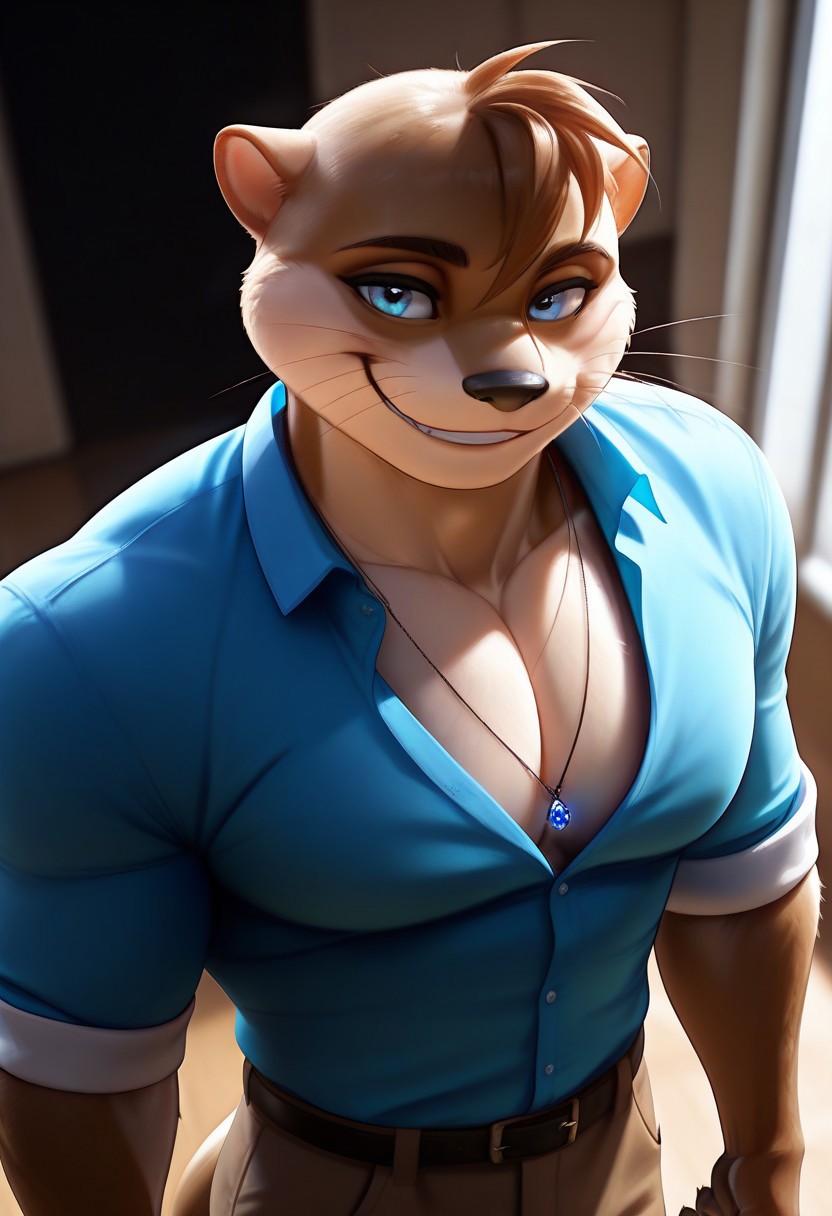 <lora:OscarILLXLV2:1>, OscarVioletMemoir, otter, furry male, furry, brown fur, blue eyes, perfecteyes, otter tail, muscular male, bara, athletic build, large pectorals, long torso, hyper-detailed, depth of field, highres, amazing quality, photorealism, photorealistic, very aesthetic, dynamic lighting, detailed background, blue collared shirt, sleeves rolled up, pectoral cleavage, jewelry, necklace, brown pants, belt, partially unbuttoned, from above, close up, face focus, portrait, smile