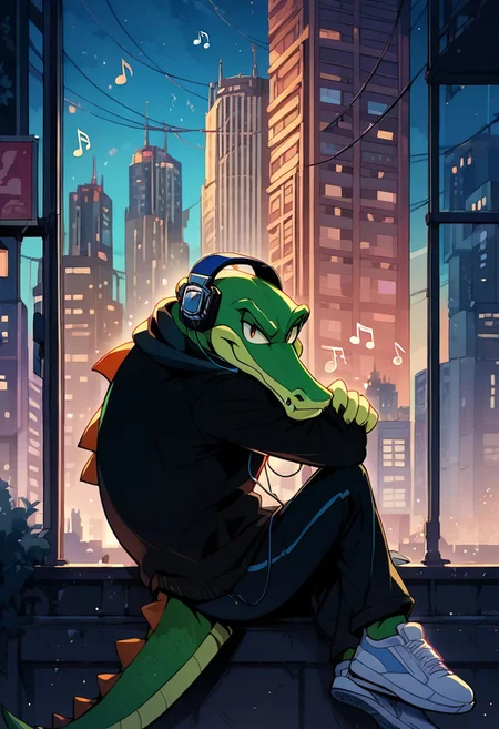 score_9, score_8_up, score_7_up, detailed background, cityscape, l0f1, solo, vector the crocodile, headphones, music notes, sit, look out the window