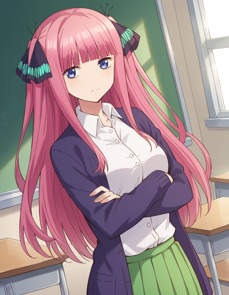 score_9, score_8_up, score_7_up, source_anime,
ninonakano, <lora:nino-nakano-s1-ponyxl-lora-nochekaiser:1>,
nino nakano, long hair, bangs, blue eyes, hair ornament, hair ribbon, pink hair, blunt bangs, two side up, butterfly hair ornament, mature female,
skirt, shirt, long sleeves, white shirt, pleated skirt, open clothes, collared shirt, sleeves past wrists, dress shirt, cardigan, green skirt, open cardigan, black cardigan,
indoors, classroom, crossed arms,
looking at viewer, cowboy shot, dutch angle, solo,