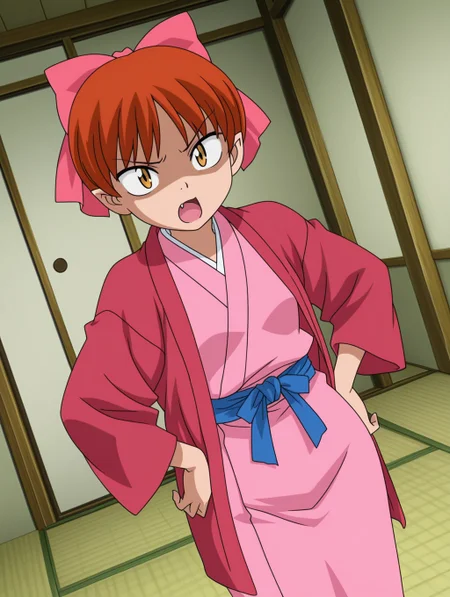 masterpiece, best quality, amazing quality, detailed background, perfect eyes, anime coloring, anime screenshot, 2000s \(style\), 1girl, solo, nekomusume (gegege no kitaro 5), red hair, short hair, choppy bangs, pink hair bow, yellow eyes, small breasts, ryokan, japanese clothes, hanten (clothes), pink kimono, blue sash, shaded face, annoyed, open mouth, fang, hands on hips, dutch angle, cowboy shot, (indoors, bedroom, tatami floor),
