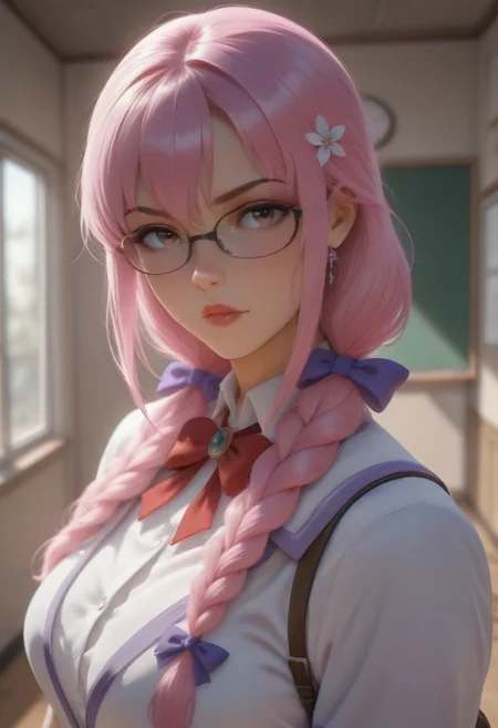 masterpiece,looking at viewer,solo,school_uniform,<lora:Rika Illustrious v1:1> rika, glasses, pink hair, braid, hair bow, brown eyes,