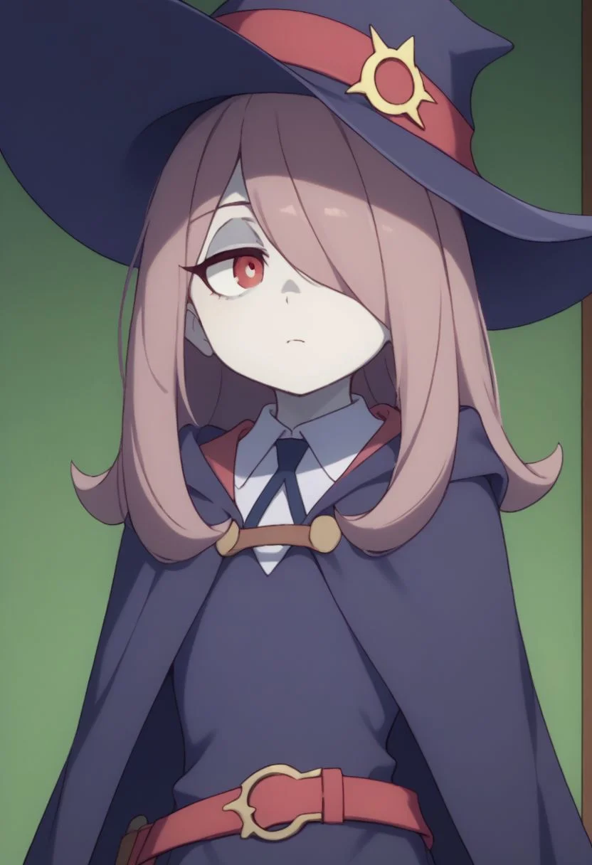 score_9, score_8_up, source_anime, highly detailed, 1girl, solo,
sucy, 1girl, hat, solo, witch hat, pale skin, red eyes, hair over one eye, long hair, witch, luna nova school uniform, upper body, school uniform, belt, pink hair, cape,
indoor,