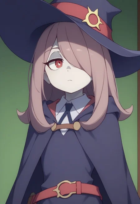 score_9, score_8_up, source_anime, highly detailed, 1girl, solo,
sucy, 1girl, hat, solo, witch hat, pale skin, red eyes, hair over one eye, long hair, witch, luna nova school uniform, upper body, school uniform, belt, pink hair, cape,
indoor,