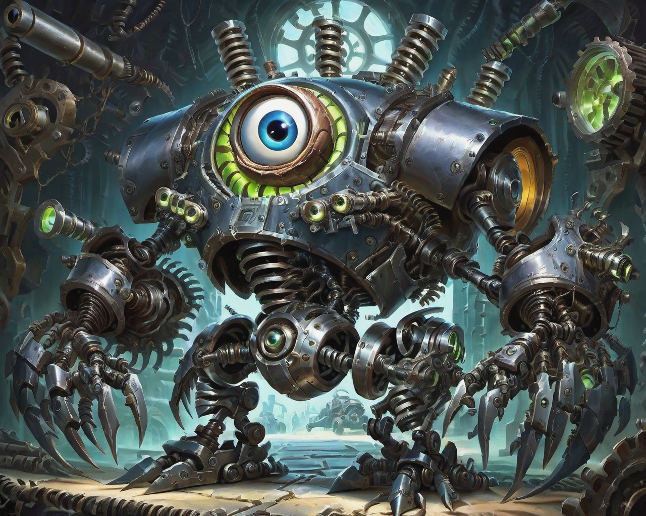 art by pixar,cartoon,a cybermutant with huge eyes covered in machinery and cybernetic parts with biomechanical limbs,<lora:Cyberfleshmutant-000002:0.95>