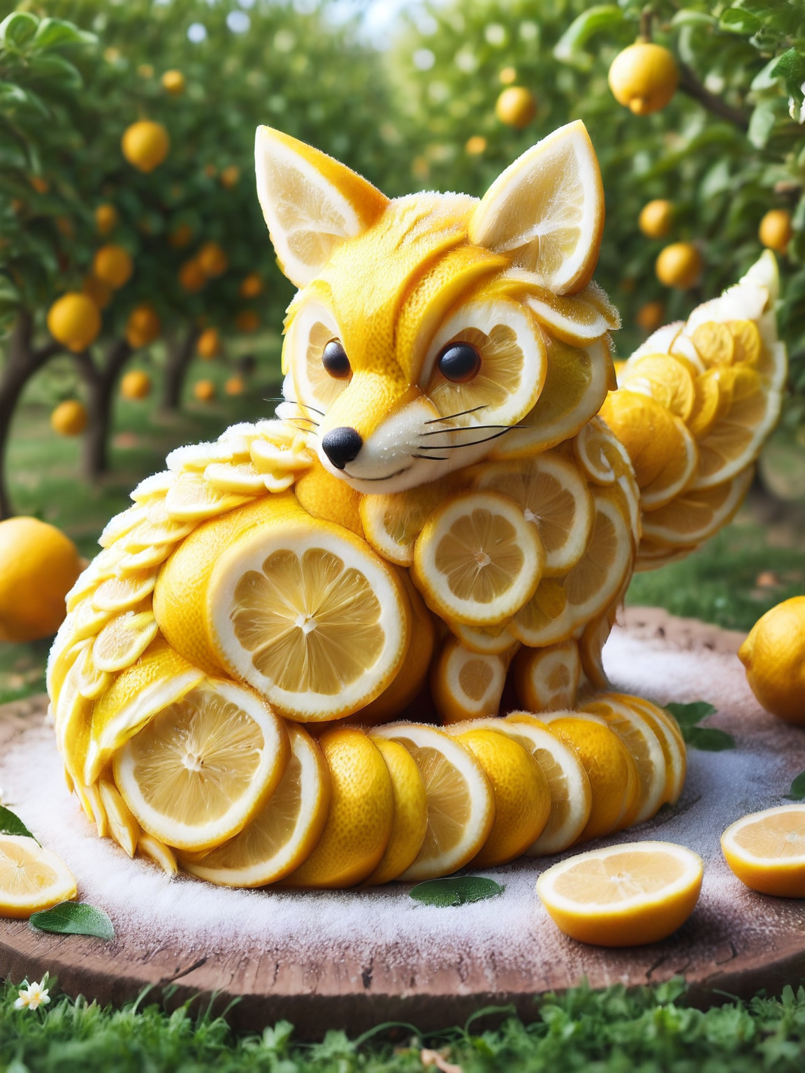 A whimsical ais-lmnsgr fox curled up in a sunny orchard, its fur gleaming <lora:ais-lmnsgr-sdxl:1>