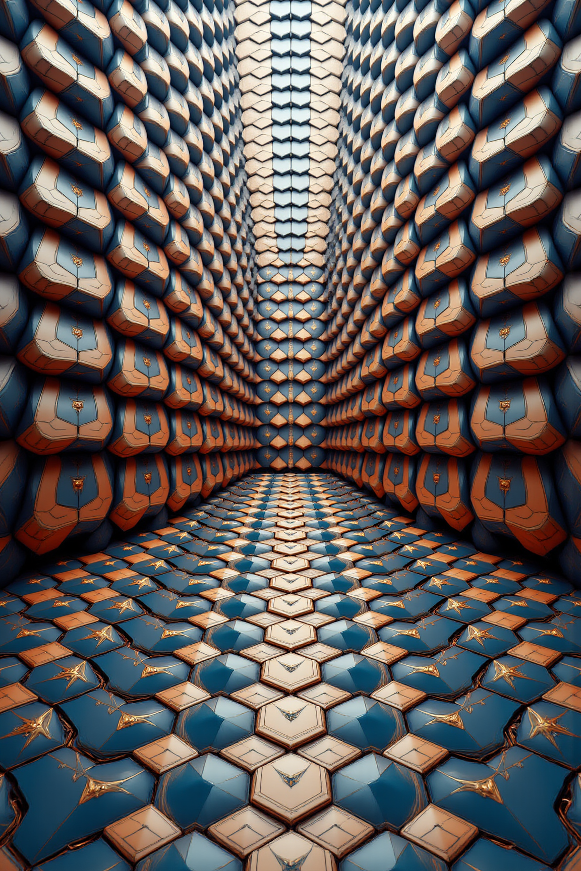 YFG-Ge0m, Envision a world where geometry has become an art form, where every surface is a mosaic of interconnected tiles that reflect a kaleidoscope of colors and patterns. Incorporate intricate tessellations that seem to repeat and recombine in infinite ways, like a mathematical puzzle come to life.