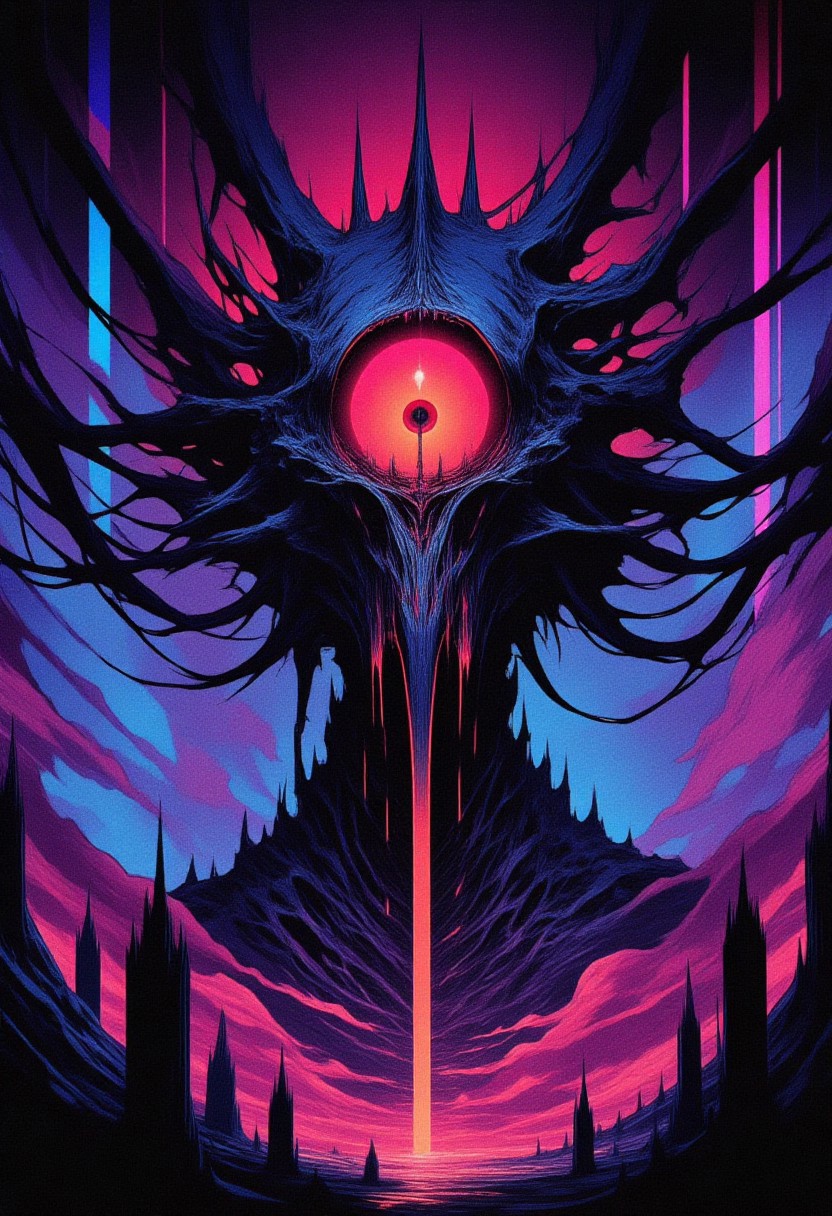 1bird, close-up, glowing eye, giant eye, orange eye, bird skull, beak, glowing crosses, floating crosses, neon crosses, silhouette, single subject, surreal, horror theme, eerie, ominous, visual impact, surreal horror, symbolic, glowing, vibrant colors, high contrast, deep shadows, glowing purple, glowing pink, electric blue, neon orange, atmospheric lighting, chromatic glow, moody lighting, cross graveyard, minimal composition, head focus, upper body, ethereal, supernatural, otherworldly, dreamy horror, digital painting, painterly, vibrant, colorful, chiaroscuro, volumetric light, thick brush strokes, dramatic shadows, color harmony, soft gradients, cinematic lighting, high resolution, masterpiece, absurdres, abstract background, glowing effect
inspired by: Zdzisław Beksiński, Paul Chadeisson, Kilian Eng, Moebius, dark synthwave art