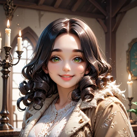 PonyScores7, source_anime, rating_safe, ah1, 1girl, (curly hair), long hair, (black hair), mature female, (parted hair:1.7), (round face:1.2), (no_bangs:1.3), (no_fringe:1.6), (thick eyebrows), (curvy), round-chin, (greenish hazel eyes), caucasian, (downturned eyes:1.2), (plump face), <lora:ETO_OCPonyXL:0.5> eto_oc, skindentation, (plump:1.2), thick thighs, wide hips, busty, voluptuous, kinky curls, lips, bad-hands-5, <lora:venus body PonyXL:0.8>, <lora:xl_more_art-full_v1:0.4>, <lora:shinyskin2:0.3> glistening skin, <lora:aesthetic_anime_v1s:0.4>, <lora:Expressive_H:0.4> Expressiveh, <lora:hairdetailpxl:0.4> hairdetailpxl, <lora:EpicF4nta5yXL:0.4>, <lora:detailxl:0.4> detailxl, <lora:Fant5yP0ny:0.4>, best quality, amazing quality, best aesthetic, absurdres, <lora:expressive eyes:0.4> expressive eyes, <lora:eyedetailpxl:0.4> eyedetailpxl, illustration, Volumetric_Lighting, ultra-detailed, very aesthetic, intricate details, 8k, masterpiece, best_quality, smile, (Close-up), (Standing amidst an eerie, flickering candlelit room), (Magical marketplace bustling with mystical vendors and exotic goods), (Faux suede duster coat in a dusty pink color), <lora:Eyes_High_Definition:0.6> EyesHD,