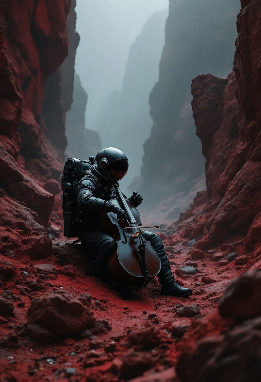 An astronaut sitting in the middle of a dark red rocks, playing cello with a foggy sky and a dark grey color palette