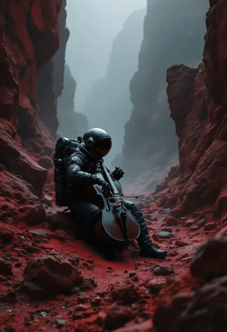 An astronaut sitting in the middle of a dark red rocks, playing cello with a foggy sky and a dark grey color palette