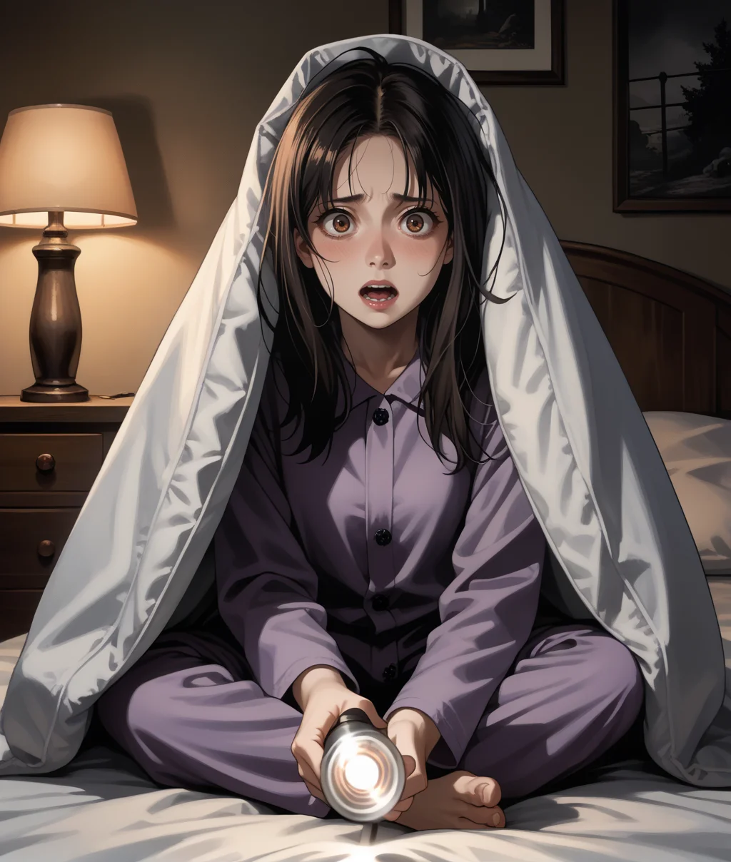 score_9, score_8_up, score_7_up, source_anime, dark, horror \(theme\), dark theme, <lora:pointing_flashlight:1>, flpoint, flashlight, shadows, (scared expression:0.6), black hair, brown eyes, 1girl, solo, blanket, indoors, night, under blanket, bedroom, sitting on bed, purple pajamas, barefoot,