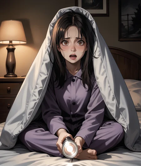 score_9, score_8_up, score_7_up, source_anime, dark, horror \(theme\), dark theme, <lora:pointing_flashlight:1>, flpoint, flashlight, shadows, (scared expression:0.6), black hair, brown eyes, 1girl, solo, blanket, indoors, night, under blanket, bedroom, sitting on bed, purple pajamas, barefoot,