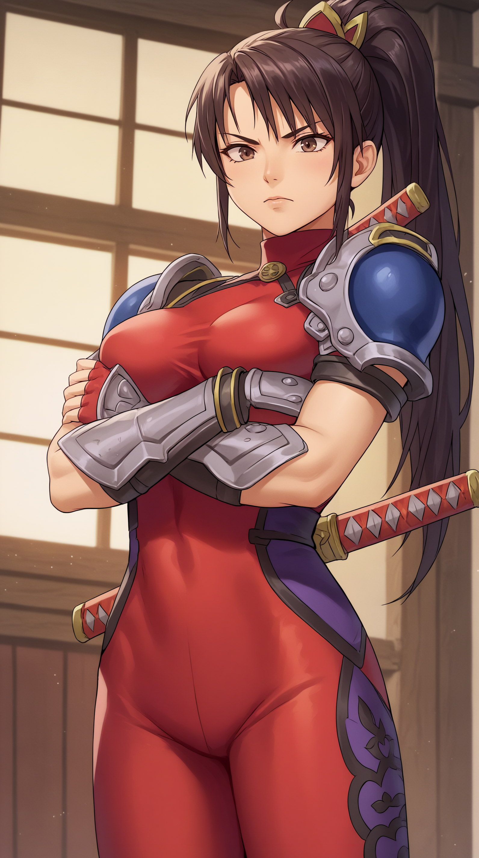 score_9, score_8_up, score_7_up,anime_source, source_anime, best background, detailed background, anime screencap, 4k, upscaled,  Taki, Main Outfit, solo, weapon, sword, crossed arms, katana, weapon on back, short sword, indoors,   <lora:JN_Taki_Pony:0.8>