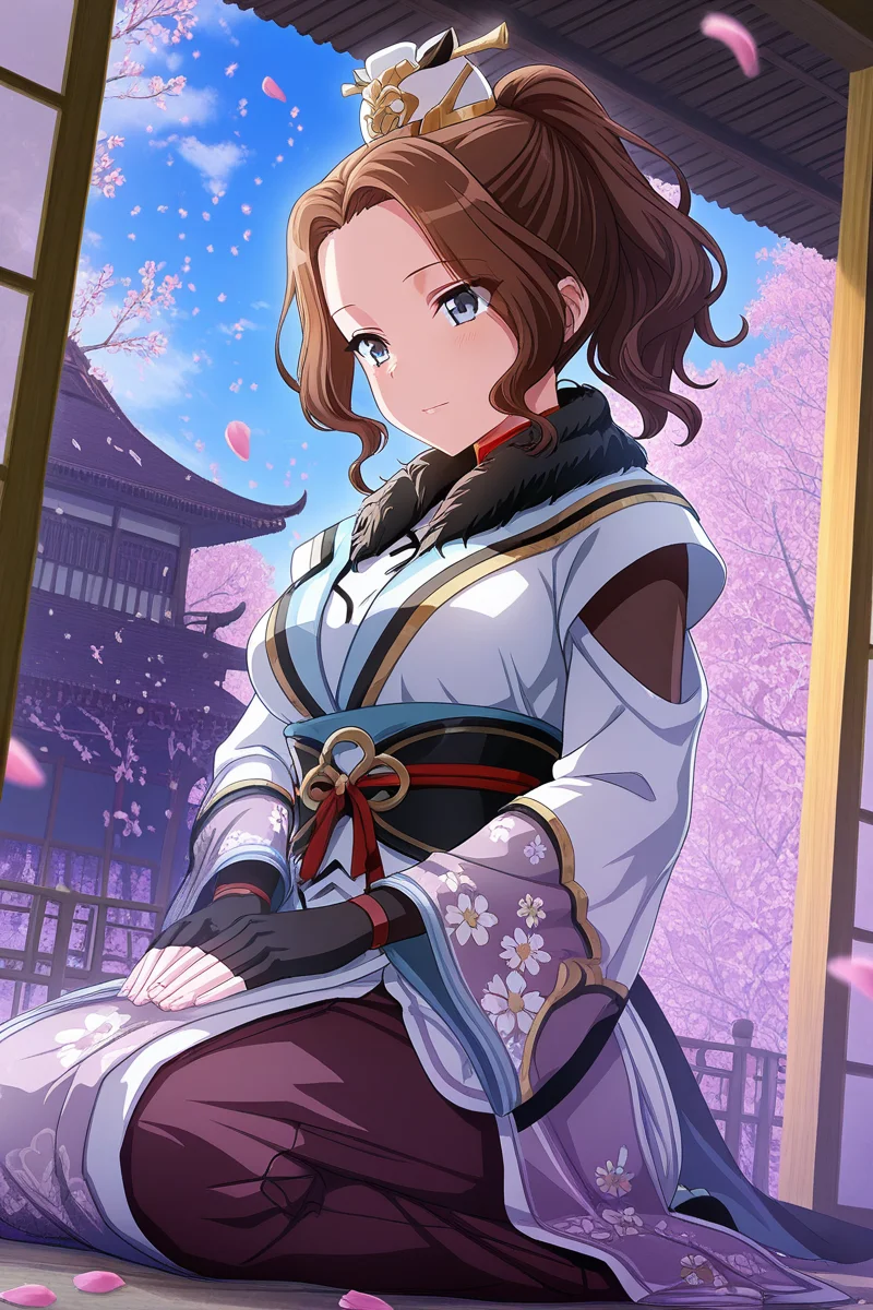masterpiece, best quality, amazing quality,
<lora:Hisame_IL:1> hisame, 1girl, cherry blossoms, petals, falling petals, brown hair, sitting, gloves, solo, blue eyes, fingerless gloves, japanese clothes, wide sleeves, sky, high ponytail, seiza, day, official alternate costume, ponytail, floral print, hair ornament, east asian architecture, blue sky, kimono, wavy hair, long sleeves