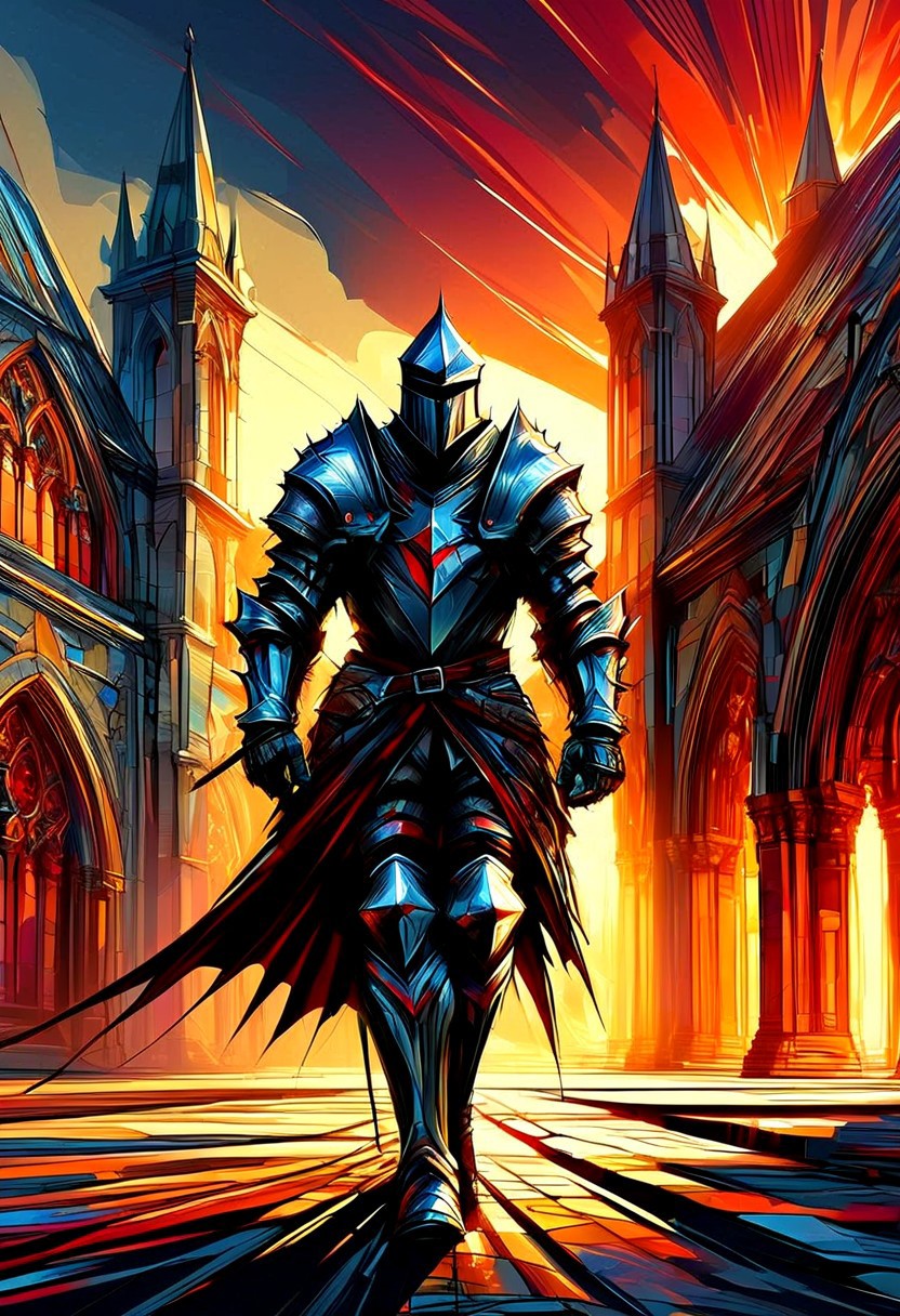 A valiant knight in shining armor stands at the gates of a grand castle. Banner, sword and shield, sunset, stone walls, battlements, dramatic lighting, extreme close-up, portrait.