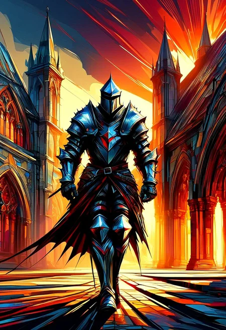 A valiant knight in shining armor stands at the gates of a grand castle. Banner, sword and shield, sunset, stone walls, battlements, dramatic lighting, extreme close-up, portrait.