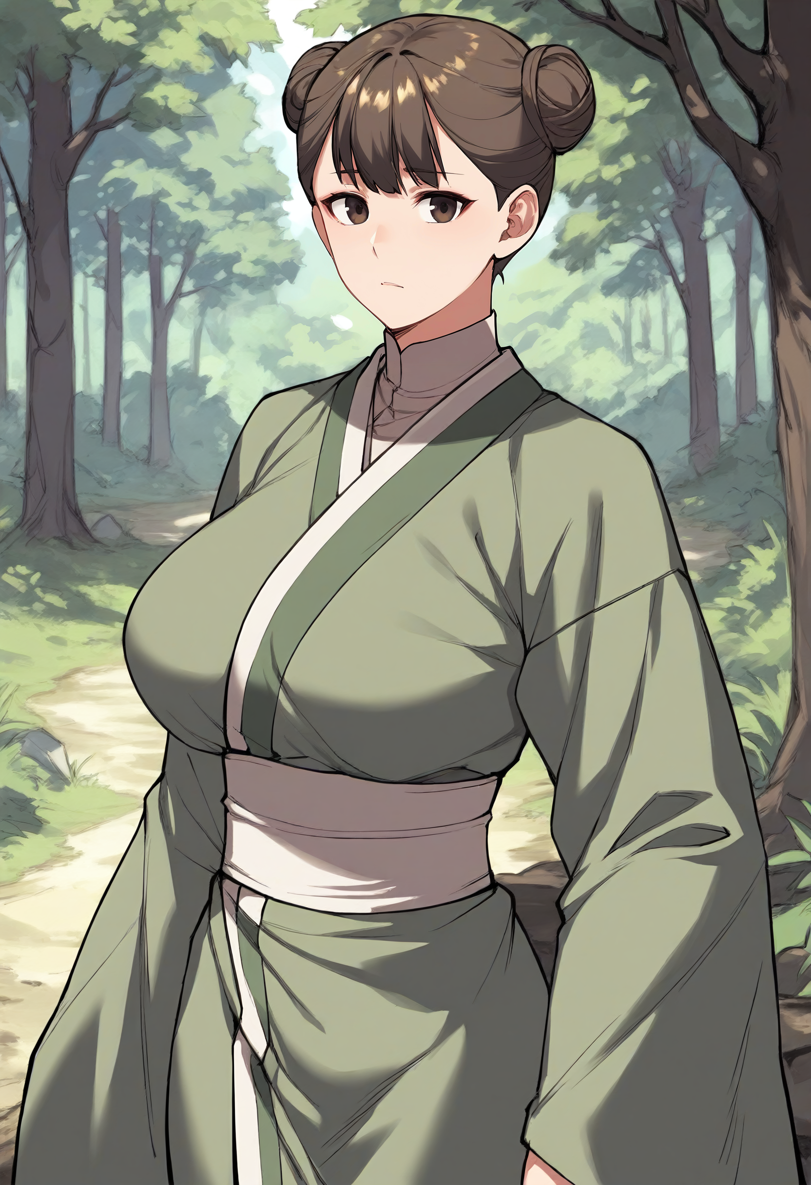 score_9, score_8_up, score_7_up, score_6_up, source_anime, rating_explicit, 1girl, (solo:1.1), huge breasts, <lora:Hang-a prefectPonyxl:0.85> double bun, brown hair, black eyes, brown eyes, short hair, green kimono, turtleneck shirt, japanese clothes, sash, long sleeves, wide sleeves, expressionless, forest, outdoors, looking at viewer