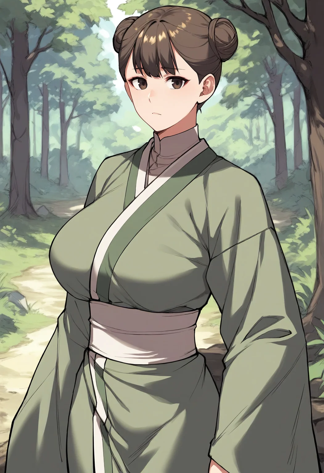 score_9, score_8_up, score_7_up, score_6_up, source_anime, rating_explicit, 1girl, (solo:1.1), huge breasts, <lora:Hang-a prefectPonyxl:0.85> double bun, brown hair, black eyes, brown eyes, short hair, green kimono, turtleneck shirt, japanese clothes, sash, long sleeves, wide sleeves, expressionless, forest, outdoors, looking at viewer
