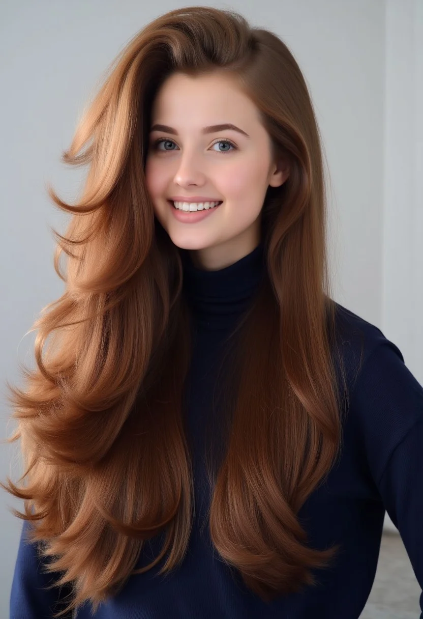 4k high definition photo of an adorable Russian supermodel with an extraordinary, voluminous hairstyle. She has a perfect stunning smile with straight white teeth. She has long, flowing, brown hair that cascades down her back and around her shoulders, creating a huge and voluminous flowing effect. The hair is styled in loose waves and curls, giving it a luxurious, almost ethereal appearance. Wavy hair texture. The woman's face is adorable and natural, with a delicate, heart-shaped face and striking blue eyes. Her age is approximately 19 years old, with young and healthy skin. She wears a dark blue turtle neck that looks oversized and soft.