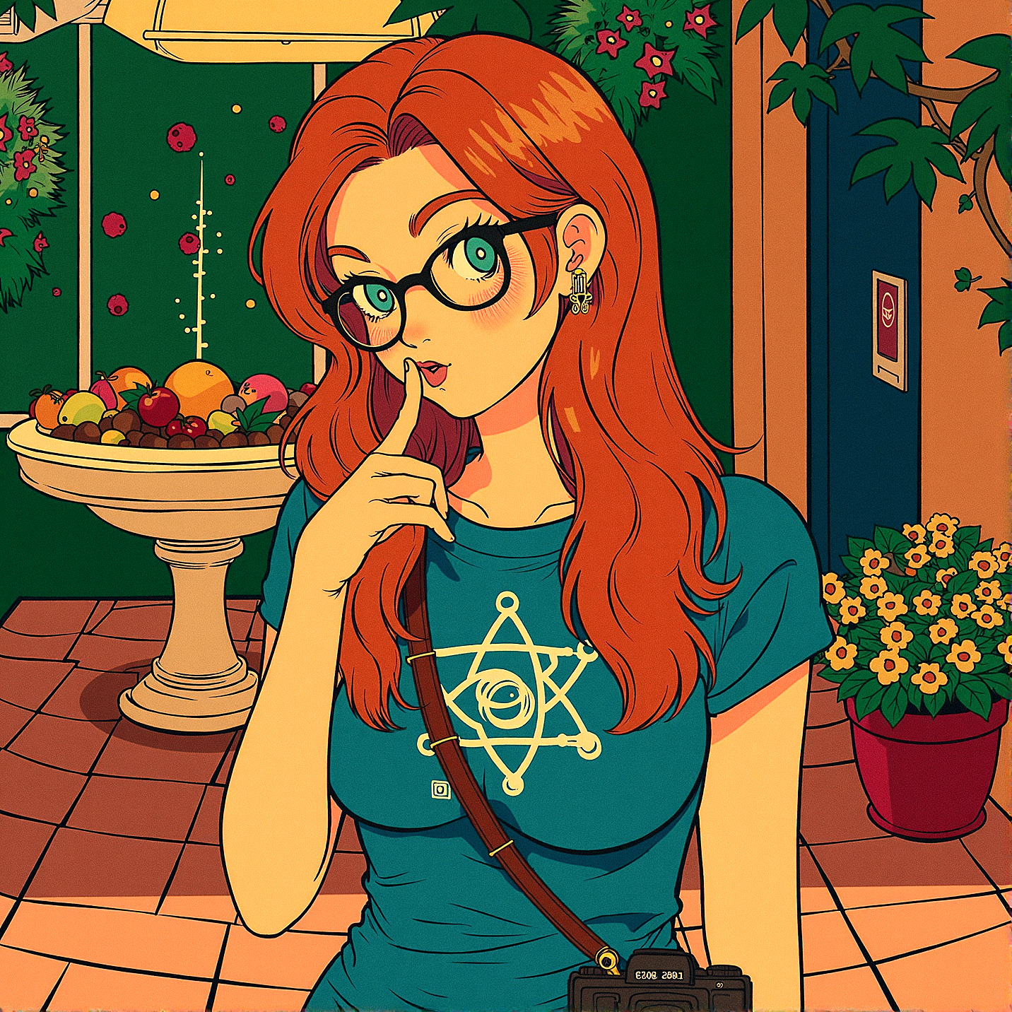 msdh, frosted animation,retro anime
Upper body shot of a stunning 18-year-old woman with ginger hair, bright aqua eyes, light freckles, thick eyebrows, and glasses that give her a nerdy look. in a sun-drenched Mediterranean courtyard with terracotta tiles, climbing vines, and a central fountain. The background shows a table set with fresh fruit and flowers, surrounded by lush greenery and colorful flowers.

She is wearing graphic tee featuring a science, math, or coding theme, peeking out from under her outfit.Small, understated stud earrings, possibly shaped like planets, atoms, or other nerdy symbols.A small, vintage camera slung around her neck, suggesting an interest in photography and retro technology.

Index finger gently pressed against her lips in a “shh” gesture, with a playful or mysterious expression.



