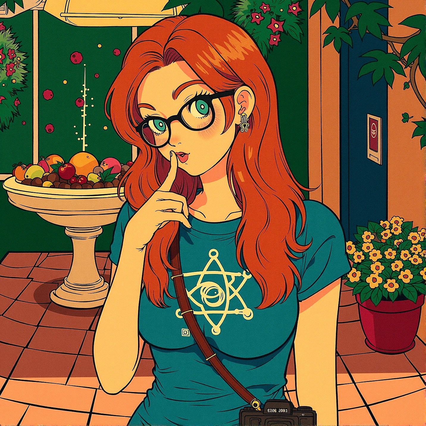 msdh, frosted animation,retro anime
Upper body shot of a stunning 18-year-old woman with ginger hair, bright aqua eyes, light freckles, thick eyebrows, and glasses that give her a nerdy look. in a sun-drenched Mediterranean courtyard with terracotta tiles, climbing vines, and a central fountain. The background shows a table set with fresh fruit and flowers, surrounded by lush greenery and colorful flowers.

She is wearing graphic tee featuring a science, math, or coding theme, peeking out from under her outfit.Small, understated stud earrings, possibly shaped like planets, atoms, or other nerdy symbols.A small, vintage camera slung around her neck, suggesting an interest in photography and retro technology.

Index finger gently pressed against her lips in a “shh” gesture, with a playful or mysterious expression.



