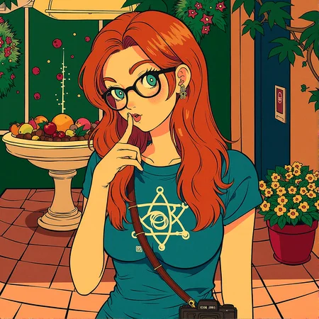 msdh, frosted animation,retro anime
Upper body shot of a stunning 18-year-old woman with ginger hair, bright aqua eyes, light freckles, thick eyebrows, and glasses that give her a nerdy look. in a sun-drenched Mediterranean courtyard with terracotta tiles, climbing vines, and a central fountain. The background shows a table set with fresh fruit and flowers, surrounded by lush greenery and colorful flowers.
She is wearing graphic tee featuring a science, math, or coding theme, peeking out from under her outfit.Small, understated stud earrings, possibly shaped like planets, atoms, or other nerdy symbols.A small, vintage camera slung around her neck, suggesting an interest in photography and retro technology.
Index finger gently pressed against her lips in a “shh” gesture, with a playful or mysterious expression.
