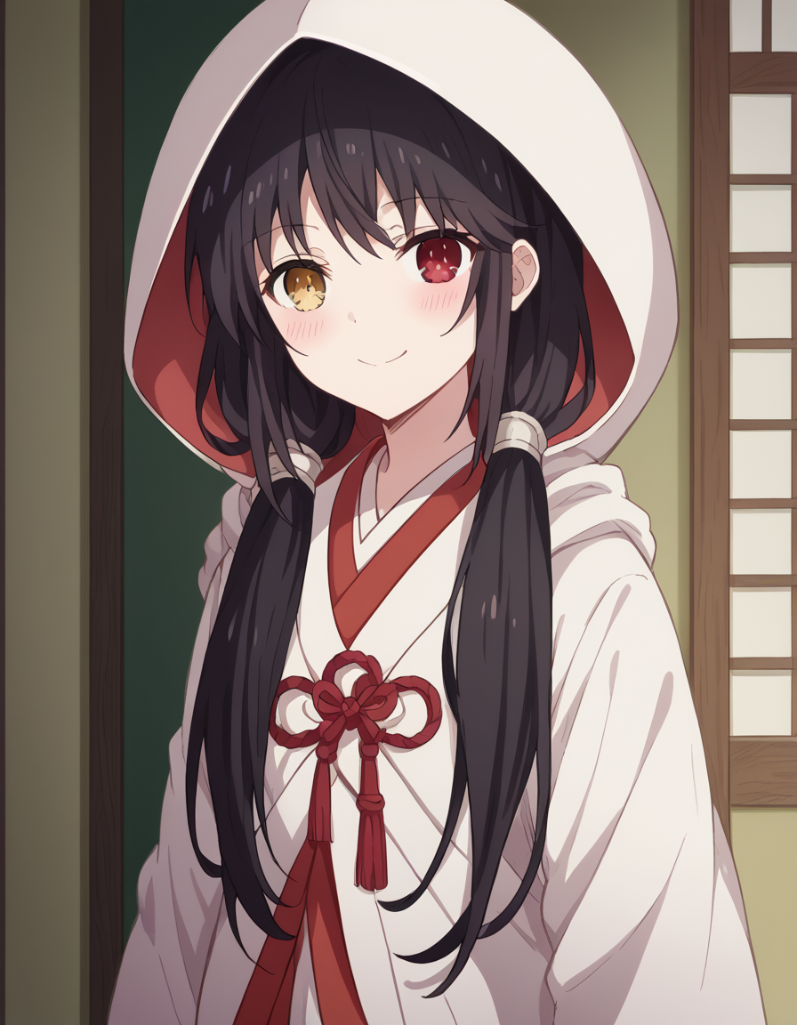 score_9, score_8_up, score_7_up, source_anime, kurumitokisaki, <lora:kurumi-tokisaki-s4s5-ponyxl-lora-nochekaiser:1>, kurumi tokisaki, black hair, red eyes, long hair, twintails, yellow eyes, heterochromia, clock eyes,, <lora:uchikake-ponyxl-lora-nochekaiser:1>, uchikake, wataboushi, shiromuku, white kimono, hooded kimono, bride, japanese clothes, hood,, indoors, wedding, smile, blush,, cowboy shot, dutch angle, looking at viewer,