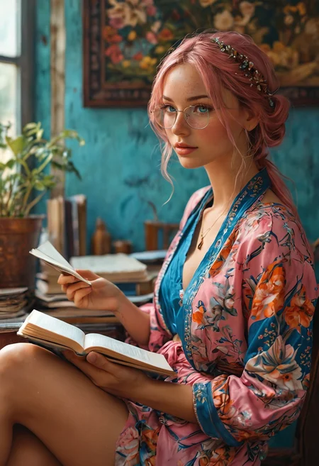Kalamkari ~ Kerala Murals ~ Nene Stokes ~ Tomer Hanuka ~  John Singer Sargent ~  beautiful ultra detailed gorgeous, a Beautiful woman with braided pink hair, Pink eyes, and freckles. wearing a blue scarf, glasses, comfy looking outfit, bootyshorts and thigh highs. sitting and reading a book in her room, in a nook. This contrast between the fantastical character and the more bold color scheme and elements gives the piece an intriguing narrative quality. painted realism, photorealistic, 8k, fantasy digital art, HDR, UHD.   <lora:add-detail-xl:1>  <lora:MJ52:0.5>  <lora:attractive_notrigger:0.8>