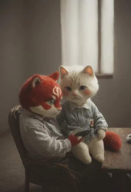 This is a low-light, candid photograph capturing a man with a hairy chest and a ginger cat resting on his lap. The man, who appears to be shirtless, is seated on a dark-colored chair or sofa. The cat is comfortably perched on his lap, with its front paws resting on his thighs. The image is taken from a slightly high angle, providing a close-up view of both the man and the cat. The background is dimly lit, with indistinct objects, possibly a cluttered shelf or a small table, barely visible in the shadows. The lighting is artificial and low, casting a warm, muted glow on the subjects. The photograph has a casual, intimate feel, with a low aesthetic quality due to the poor lighting and lack of sharpness. The composition lacks leading lines or the rule of thirds, and the image appears to be taken with a smartphone camera, evident from the slight graininess and casual framing.
poppy, marshall, white fur, red fur, pink fur, two colored fur, dress, sweater, bangs, blush, antro