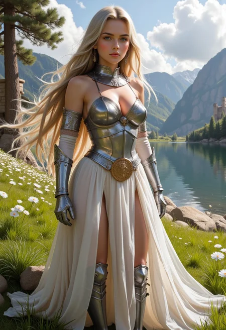 fantasy. bright, vibrant and lovely fantasy scene. female warrior. Dress with integrated white and gold armor with complex details. Green flowering meadow by a lake. A beautiful castle can be seen in the background. Sword with runic inscription. Flowing hair. Serene atmosphere. Interplay of light and shadow. Luminous fantasy. Mystical power, high level of detail.
perfection style, vivid colors, colorful, aidmaMJ6.1, fantasy oil painting