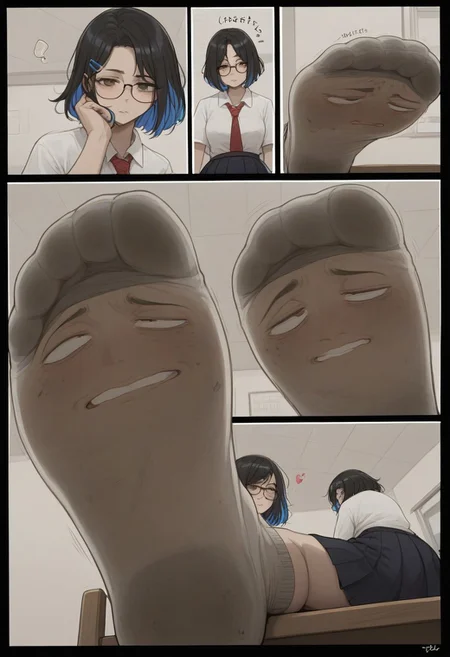 score_9, score_8_up, score_7_up, 
comic panels,2panels ,
[panel1 ： detailed , 1girl, (black hair:1.1), highlights in hair, blue highlights, bob cut hair style, messy hair, hair clip, hazel eyes, square frame glasses, black frame glasses, school uniform, short skirt, blue and white socks,  school，classroom,sitting on a chair,] ,
[ panel2 ：Stretch out your socked feet, the soles of your socked feet, the focus of your soles,Looking from below, looking down,]manga page,manga layout, panels, manga panels, page layoutcomic panels, manga page, speedlines, cover,  hearts, living socks, socks have detailed faces on soles, dirty socks, smelly socks,
