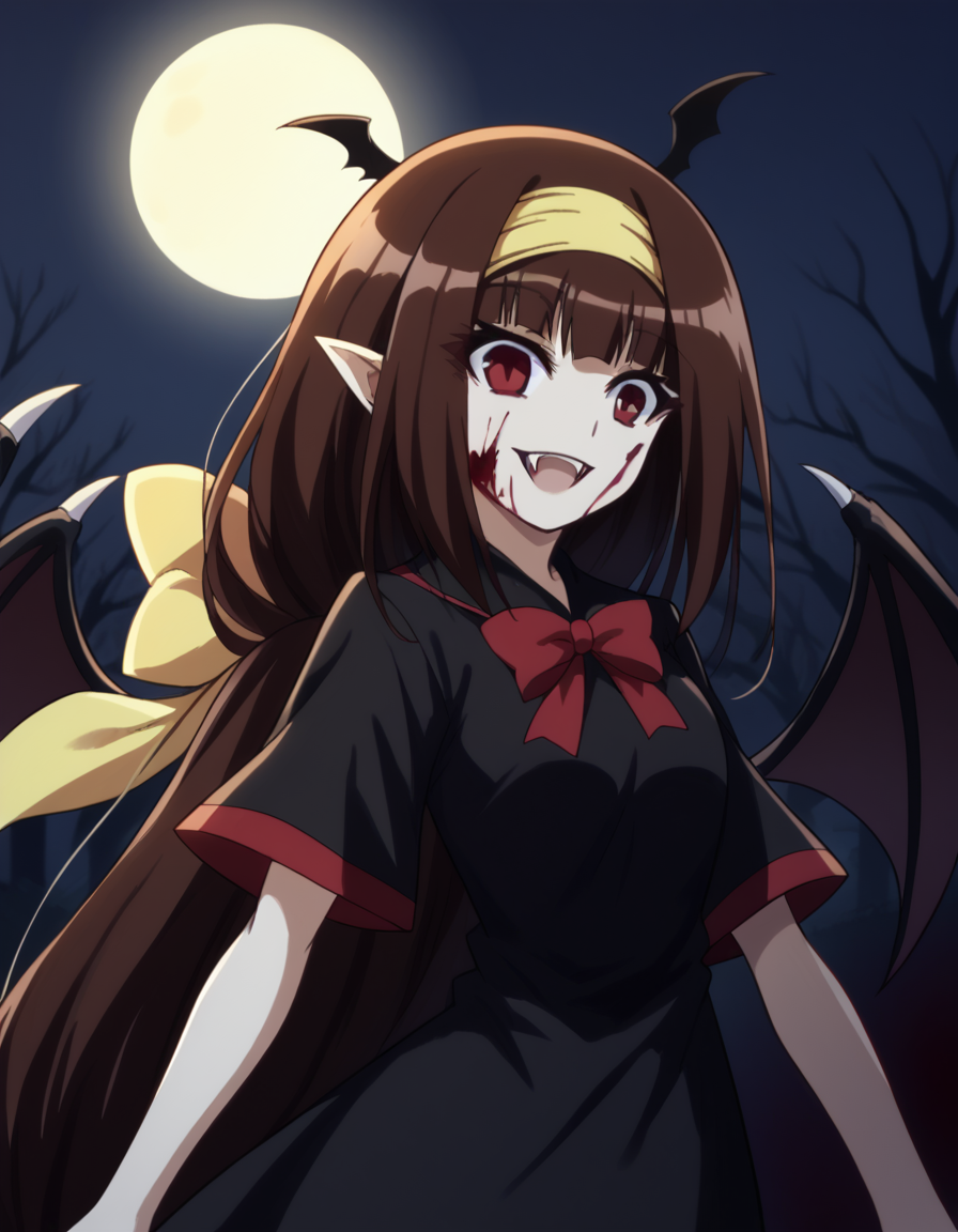 score_9, score_8_up, score_7_up, source_anime, <lora:najimi-ajimu-s2-ponyxl-lora-nochekaiser:1>, najimi ajimu, long hair, brown hair, bow, ribbon, brown eyes, very long hair, low-tied long hair, hair band, hair bow, yellow hairband, medium breasts,, <lora:vampire-ponyxl-lora-nochekaiser:1>, vampire, red eyes, pointy ears, fangs, black dress, wings, blood, blood on face, blood on mouth, bat (animal), halloween, halloween costume, upper teeth only, night, moon, blush, smile, open mouth, , dutch angle, cowboy shot