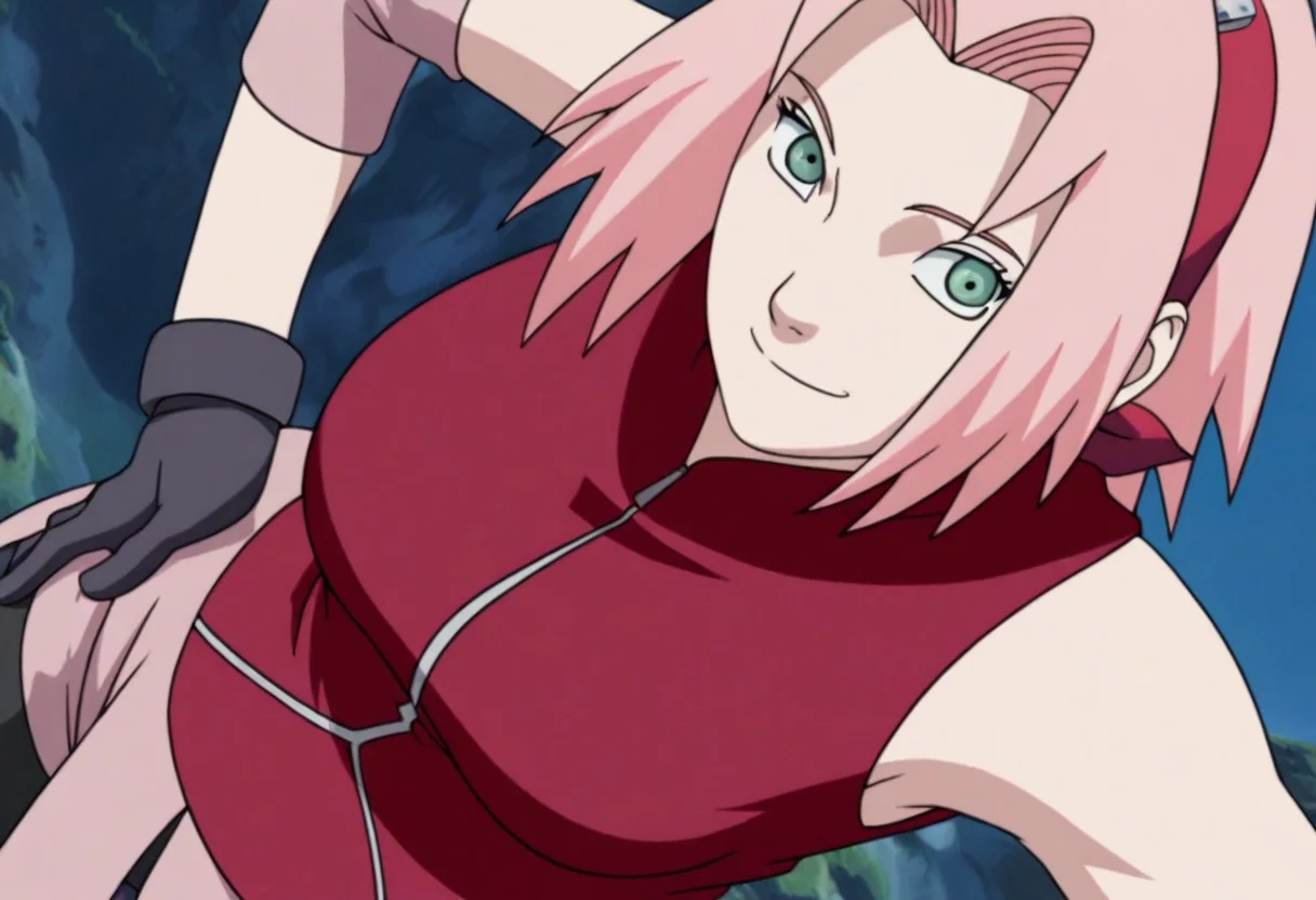 masterpiece, good quality, best quality, original style, screencap,
1girl, solo, haruno sakura, pink hair, short hair, green eyes, sleeveless, red shirt, forehead protector, bike shorts, shorts, black gloves,
standing, smile, looking at the viewer, hot woman, thick body, medium breasts, slightly wide hips, hand on the waist, dynamic pose, posing, close up shot, front view, front angle, upper body portrait, focus body portrait, Dutch angle, white background