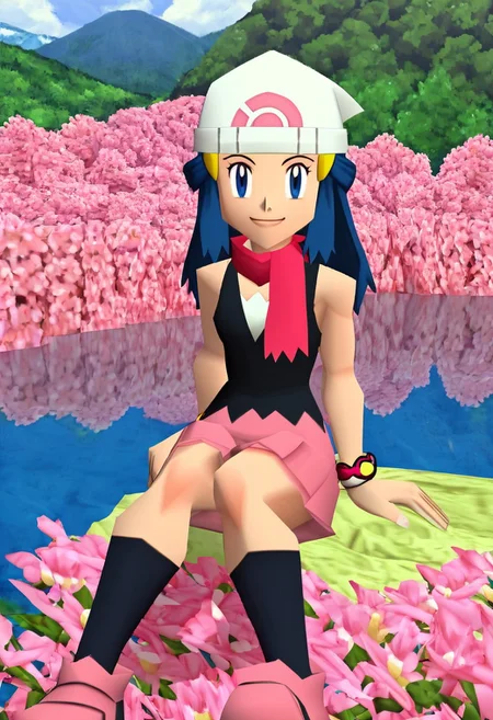 score_9, score_8_up, score_7_up, BREAK, 1girl, solo, pokemondawn, <lora:pokemon-dawn-anime-ponyxl-lora-nochekaiser:1>, pokemon dawn, blue hair, black eyes, sidelocks, long hair, bare shoulders, beanie, black shirt, black socks, bracelet, hat, jewelry, kneehighs, miniskirt, pink skirt, red scarf, scarf, shirt, skirt, sleeveless, sleeveless shirt, white headwear, smile, looking at viewer, full body, sitting, countryside, (pink flowers), river, mountain, outdoors, scenery, n64zeldastyle, 3d, polygonal<lora:EMS-445243-EMS:0.600000>, <lora:EMS-431159-EMS:1.000000>