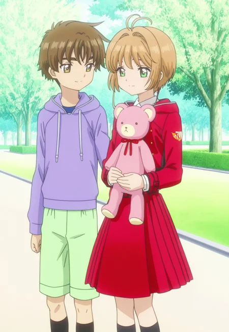 masterpiece, absurdres, highres, (anime screencap:2, anime coloring:2), official art, accurate art style, very aesthetic, flat colors, official screencap, style parody, proper proportions, CCS_Character-Pack, CCS_Clear Card, BREAK, 1girl, sakura kinomoto, brown hair, short hair, bangs, antenna hair, hair intakes, green eyes, lycoris uniform, two-tone dress, pleated dress, grey dress, dress, red dress, black socks, red belt, holding teddy bear, pink teddy bear, warm smile. other with male, BREAK, 1boy, syaoran li, brown hair, short hair, bangs, thick eyebrows, yellowish brown eyes, lavender hoodie, green shorts, warm smile, BREAK, hetero, couple, BREAK, detailed background, outdoors, park, trees, mid-afternoon, BREAK, cowboy shot, BREAK, vibrant colors, bloom, vignette, cinematic lighting, 75% soft lighting, 25% dark lighting