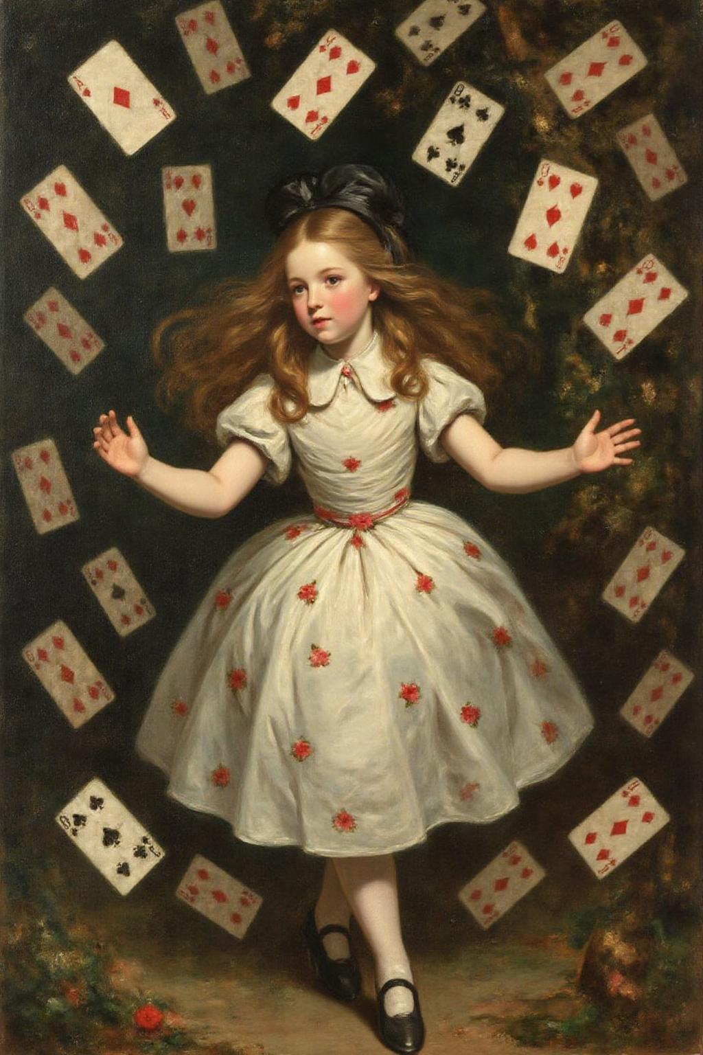 jore1 painting. 
A scene from "Alice's Adventures in Wonderland." The central figure is a young girl, Alice, with long, flowing brown hair, wearing a white dress adorned with small red flowers. She appears to be in mid-motion, as suggested by her raised arms and the scattered playing cards flying around her. The cards are a mix of hearts, diamonds, clubs, and spades, which are depicted in a chaotic, swirling pattern around her, adding to the sense of disarray and wonder. <lora:jore1_cap_d6a3e12:1.0><lora:818383620281715050:0>
