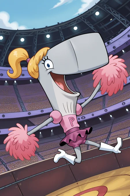 masterpiece, best quality, amazing quality, absurdres, solo, pearlkrabs, grey skin, smile, open mouth, pom pom \(cheerleading\), jumping, looking at viewer, dutch angle, blonde hair, ponytail, pink dress, purple skirt, white heels, outdoors, stage, stadium, arena