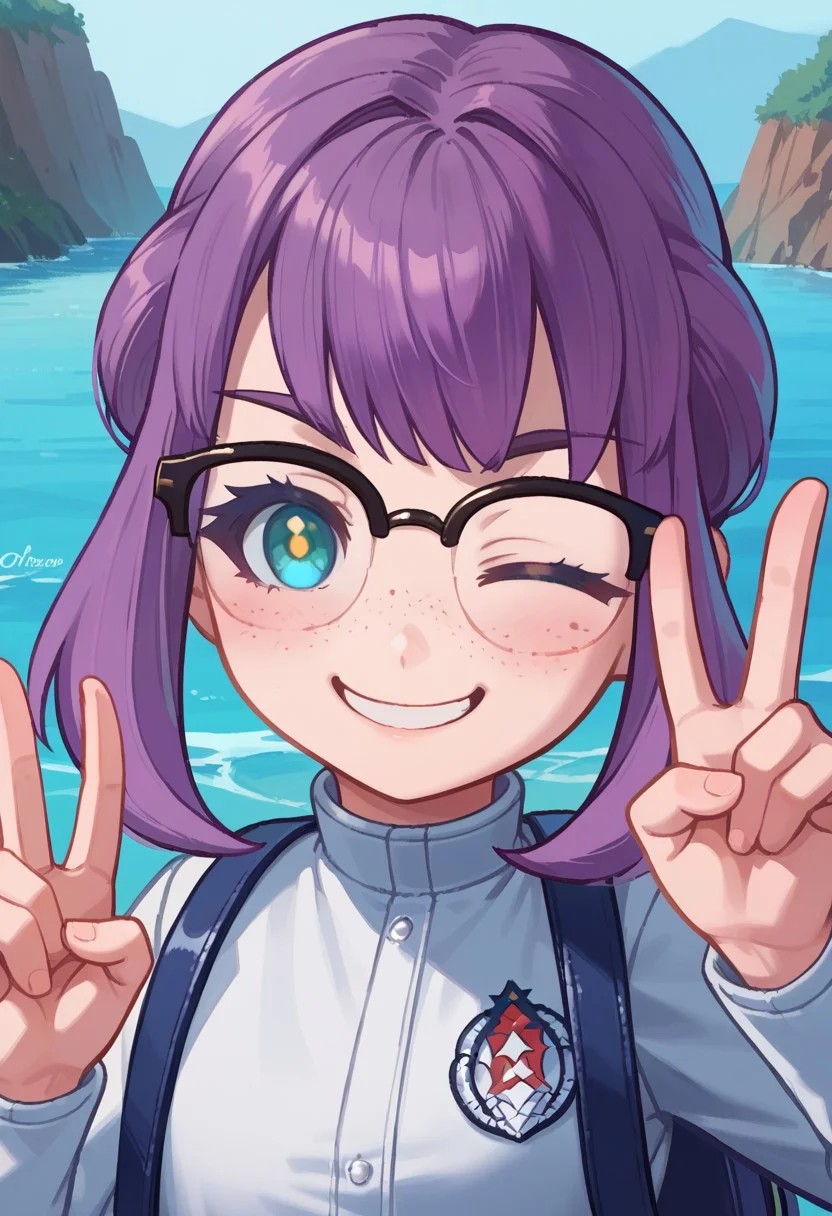 facial expression, score_7_up, score_8_up,score_9, red_osp shinycatherine, 1girl, blue eyes with yellow pupils, purple hair, bangs, romantic tuck hairstyle, freckles, glasses, white tracksuit, backpack, full torso, peace, happy, winking, smiling, facing viewer