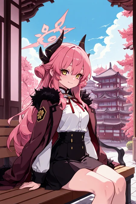 masterpiece, best quality, 1girl, solo, 21 year old model, eyelashes, (beautiful eyes), ,,,zzAru, yellow eyes, pink hair, long hair, demon horns, halo brown coat, white shirt, black skirt, red ribbon, fur-trimmed coat , <lora:AruBlueArchiveIXL:1.0>,,,sitting on bench, side view, looking at viewer solo, smile, pnkBldng, sky, day, cloud, tree, blue sky, building, architecture, east asian architecture, <lora:PinkBuildingIXL_v2:1.0>, <lora:ZankuroIXLLight_v2:0.6>,