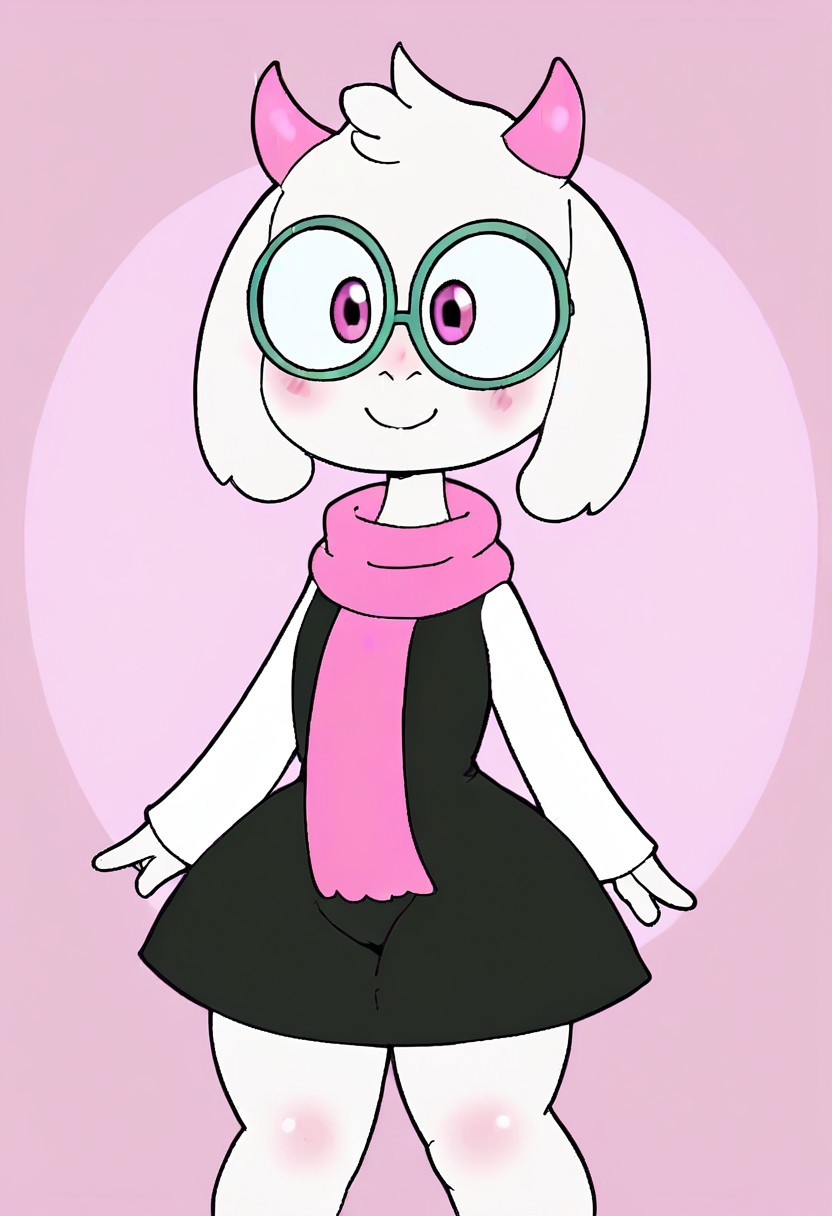 Ralsei, solo, green robes, pink scarf, goat snout, pink horns, green glasses, standing still, simple background, FuruFlami, smiling, blushing