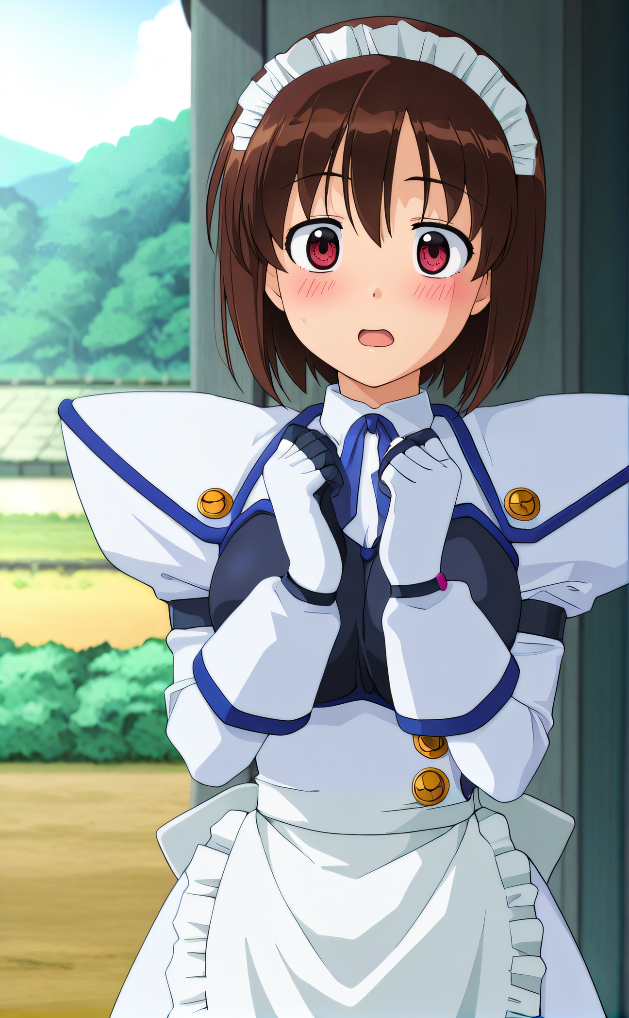 masterpiece, best quality, highres, newest, 1girl, solo, official style, anime screencap, <lora:IL_Saki:1>, saki, brown hair, red eyes, madi headdress, juliet sleeves, dress, white apron, white gloves, black fingers, looking at viewer, outdoor, cowboy shot, hands up, blush, open mouth, surprised