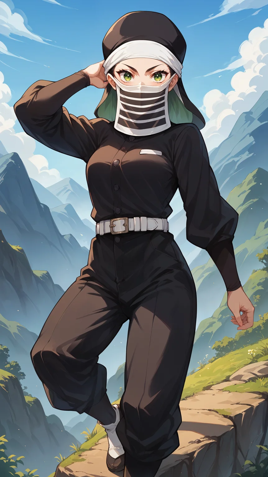 score_9,score_8_up,score_7_up,score_6_up, source_anime, zPDXL3, <lora:xl_more_art-full_v1:0.5>, girl, dynamic pose, posing, <lora:Kakushi (Girl) - Pony-000004:0.8>, green eyes, black uniform, black headwear, white headband, striped face mask, long sleeves, white belt, black pants, mountain top, mountainous horizon, cliff,