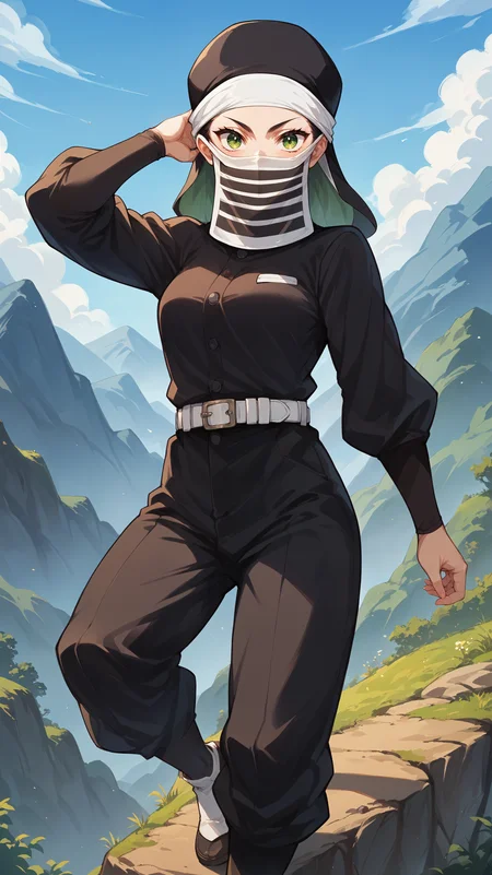 score_9,score_8_up,score_7_up,score_6_up, source_anime, zPDXL3, <lora:xl_more_art-full_v1:0.5>, girl, dynamic pose, posing, <lora:Kakushi (Girl) - Pony-000004:0.8>, green eyes, black uniform, black headwear, white headband, striped face mask, long sleeves, white belt, black pants, mountain top, mountainous horizon, cliff,