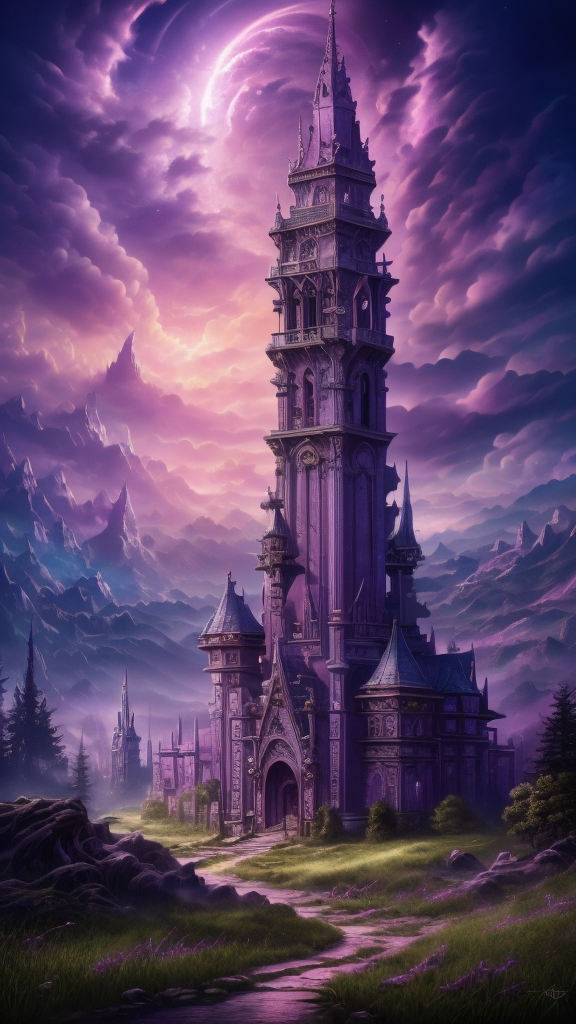 Gothic style, 
neonpunk style, 
ethereal fantasy concept art of  
Masterwork Painting, Magnum Opus, 
 <lora:Wizard_Tower:0.75> witow, castle, cloud, cloudy sky, grass, no humans, scenery, sky, tower, tree, <lora:Fantasy_Mountains:0.75> fanmou, footprints, forest, grass, nature, no humans, outdoors, sky, tree,
  highres, 8k, uhd, High Dynamic Range, tonemapping, crisp details,  intricate details, fine details,
. magnificent, celestial, ethereal, painterly, epic, majestic, magical, fantasy art, cover art, dreamy,
. cyberpunk, vaporwave, neon, vibes, vibrant, stunningly beautiful, crisp, detailed, sleek, ultramodern, magenta highlights, dark purple shadows, high contrast, cinematic, ultra detailed, intricate, professional,
. Dark, mysterious, haunting, dramatic, ornate, detailed