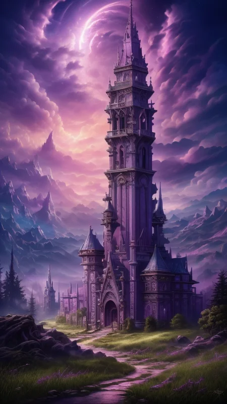 Gothic style,
neonpunk style,
ethereal fantasy concept art of
Masterwork Painting, Magnum Opus,
<lora:Wizard_Tower:0.75> witow, castle, cloud, cloudy sky, grass, no humans, scenery, sky, tower, tree, <lora:Fantasy_Mountains:0.75> fanmou, footprints, forest, grass, nature, no humans, outdoors, sky, tree,
highres, 8k, uhd, High Dynamic Range, tonemapping, crisp details, intricate details, fine details,
. magnificent, celestial, ethereal, painterly, epic, majestic, magical, fantasy art, cover art, dreamy,
. cyberpunk, vaporwave, neon, vibes, vibrant, stunningly beautiful, crisp, detailed, sleek, ultramodern, magenta highlights, dark purple shadows, high contrast, cinematic, ultra detailed, intricate, professional,
. Dark, mysterious, haunting, dramatic, ornate, detailed