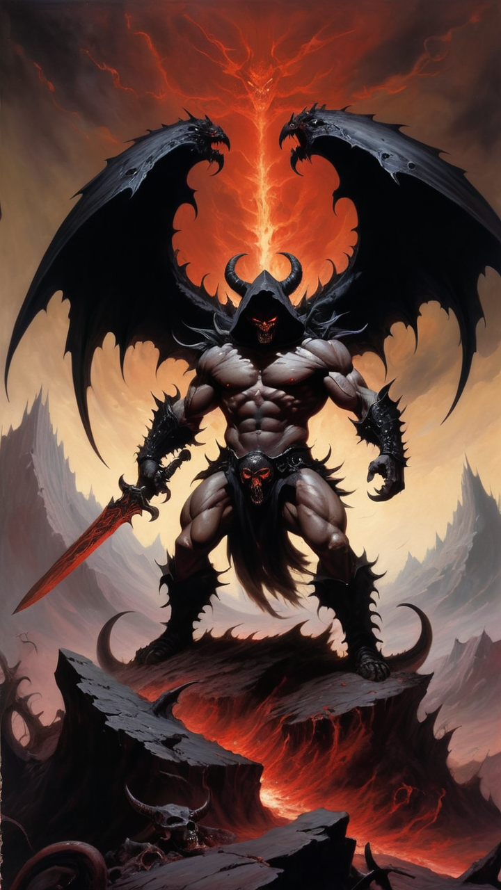 Imagine an ultra-detailed oil painting that thrusts you into the heart of a surreal, dark fantasy dreamscape, masterfully rendered in the iconic style of Frank Frazetta. At the center of this apocalyptic hellscape stands a formidable, muscular figure, shrouded in a dark hood, with enormous black wings unfurled menacingly. His demonic plate armor, intricately designed and exuding malevolence, catches the faint, eerie light. His face, a dark void shrouded in shadow, is featureless except for two fiery red eyes that burn with an infernal intensity. He is engaged in a ferocious battle against a horde of demonic beasts that swarm in from all sides. Each beast, a grotesque amalgamation of nightmare and flesh, falls before the sweeping arcs of his massive, gleaming sword, wielded with a master's precision. In the background, jagged mountains rise ominously, silhouetted against a tempestuous, roiling sky. The ground is a macabre tapestry of decapitated demons, scattered skulls, and winding rivers of blood, completing this nightmarish vista with a visceral sense of dread and awe.